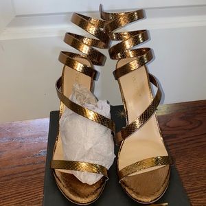 Bronze Snake-Embossed Spiral-Strap Ronja Sandals size 12